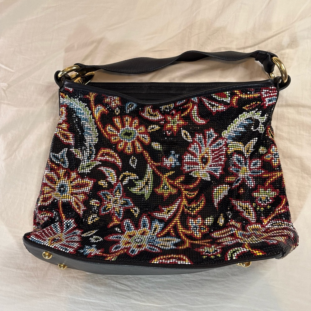 Whiting & Davis Black Floral Print Metal Mesh Shoulder Bag W/ Black Leather Trim